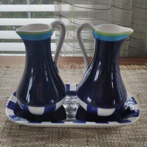 Living Art Stoneage VTG Cruet Set of 3 Carleen Gaby Stoneage Handpainted
